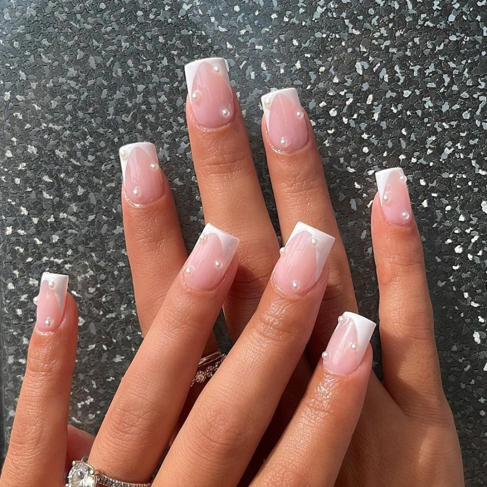 Elegant Faux French Tip Press-On Nails with Pearls Stornfield