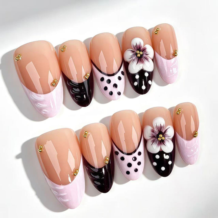 Artistic Press-On Nail Set with Floral and Polka Dot Designs
