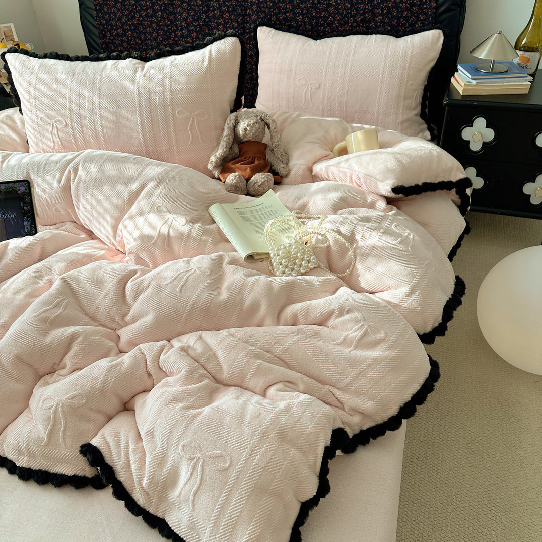 Embossed Bow-Pattern Quilted Comforter Set with Pom-Pom Trim