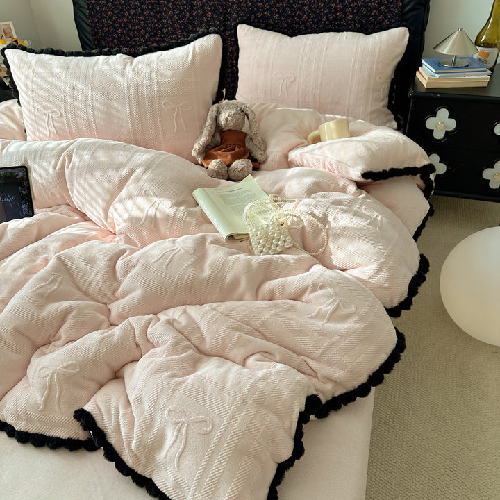 Embossed Bow-Pattern Quilted Comforter Set with Pom-Pom Trim