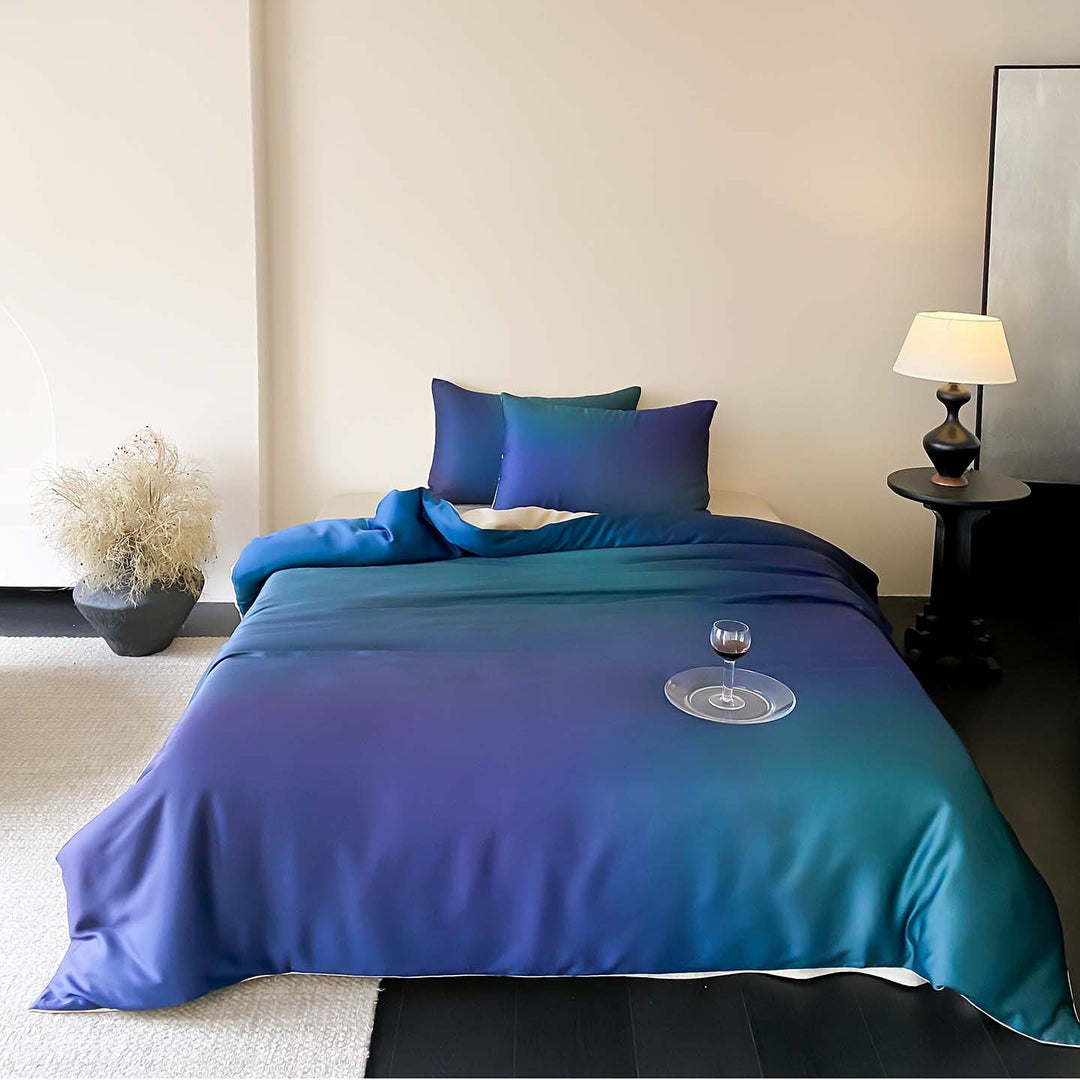 Gradient Satin-Feel Reversible Duvet Cover Set with Hidden Closure & Corner Ties