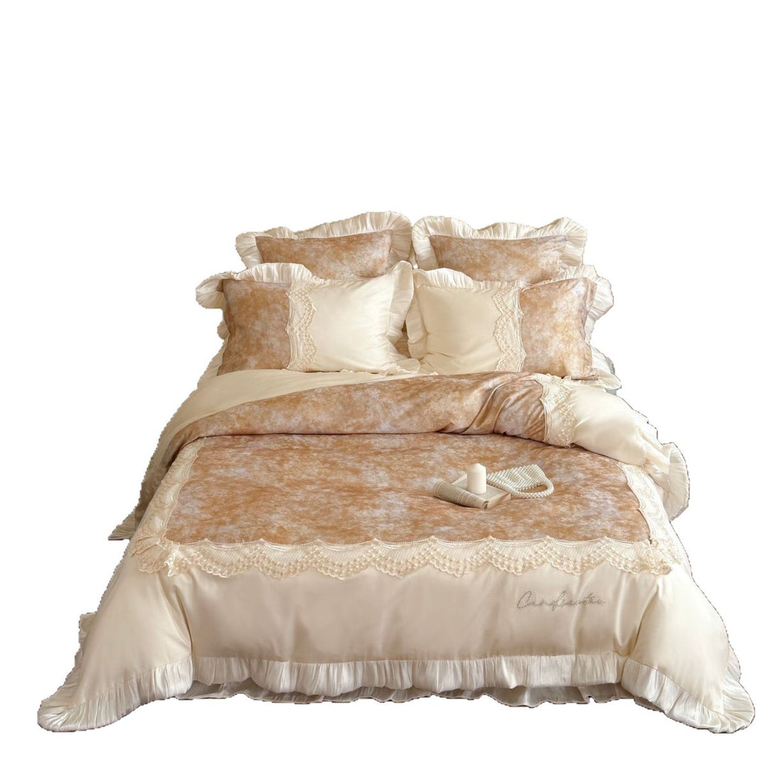 Luxurious bedding set with ruffles and lace trim
