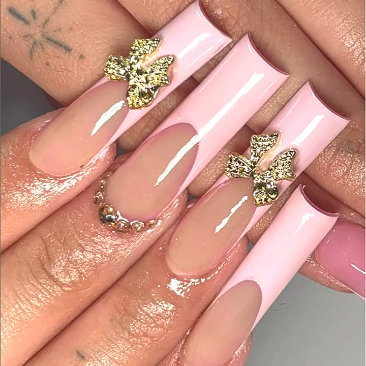Elegant Stiletto Press-On Nails with Gold Floral Accents Stornfield