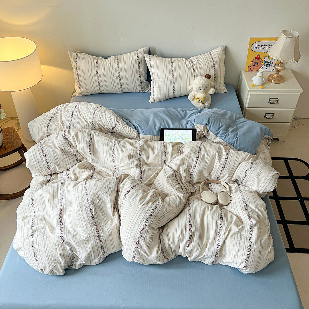 Striped Vintage Floral Cotton Percale Duvet Cover Set