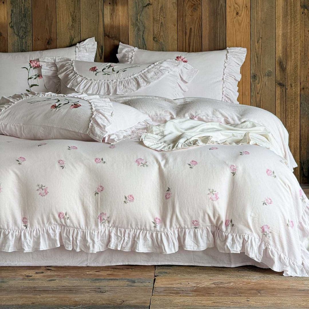 Romantic bedding set with ruffles and rose embroidery