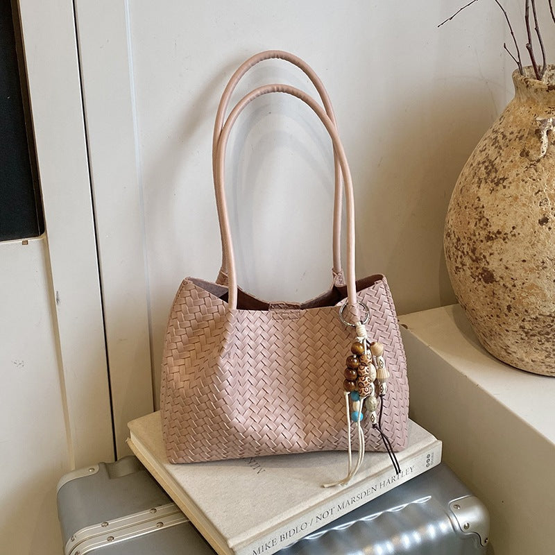 Woven Leather Tote Bag with Decorative Charms