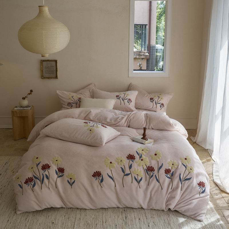 Botanical Embroidered Plush Cotton Duvet Cover Set with Reversible Quilted Comforter
