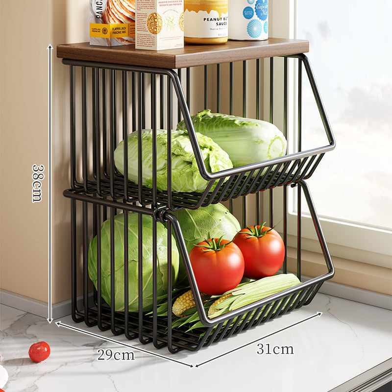 Two-Tier Countertop Vegetable and Pantry Storage Rack with Walnut Wood Top and Sliding Wire Basket