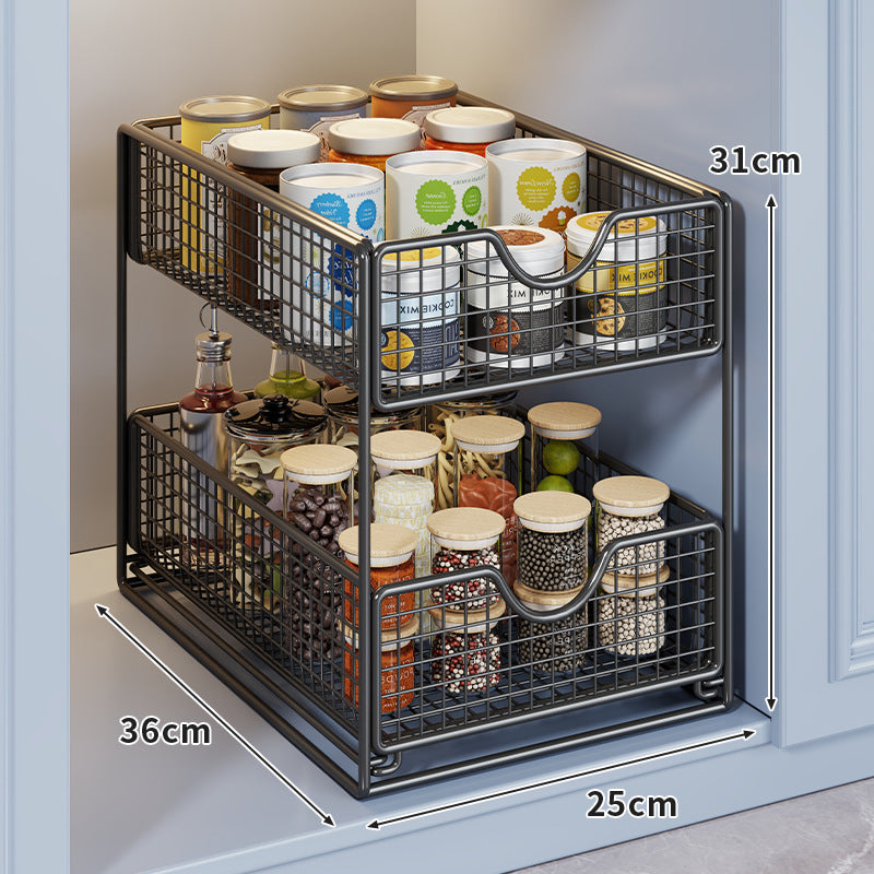 Two-Tier Metal Wire Pantry Basket Organizer with Slide-Out Drawers