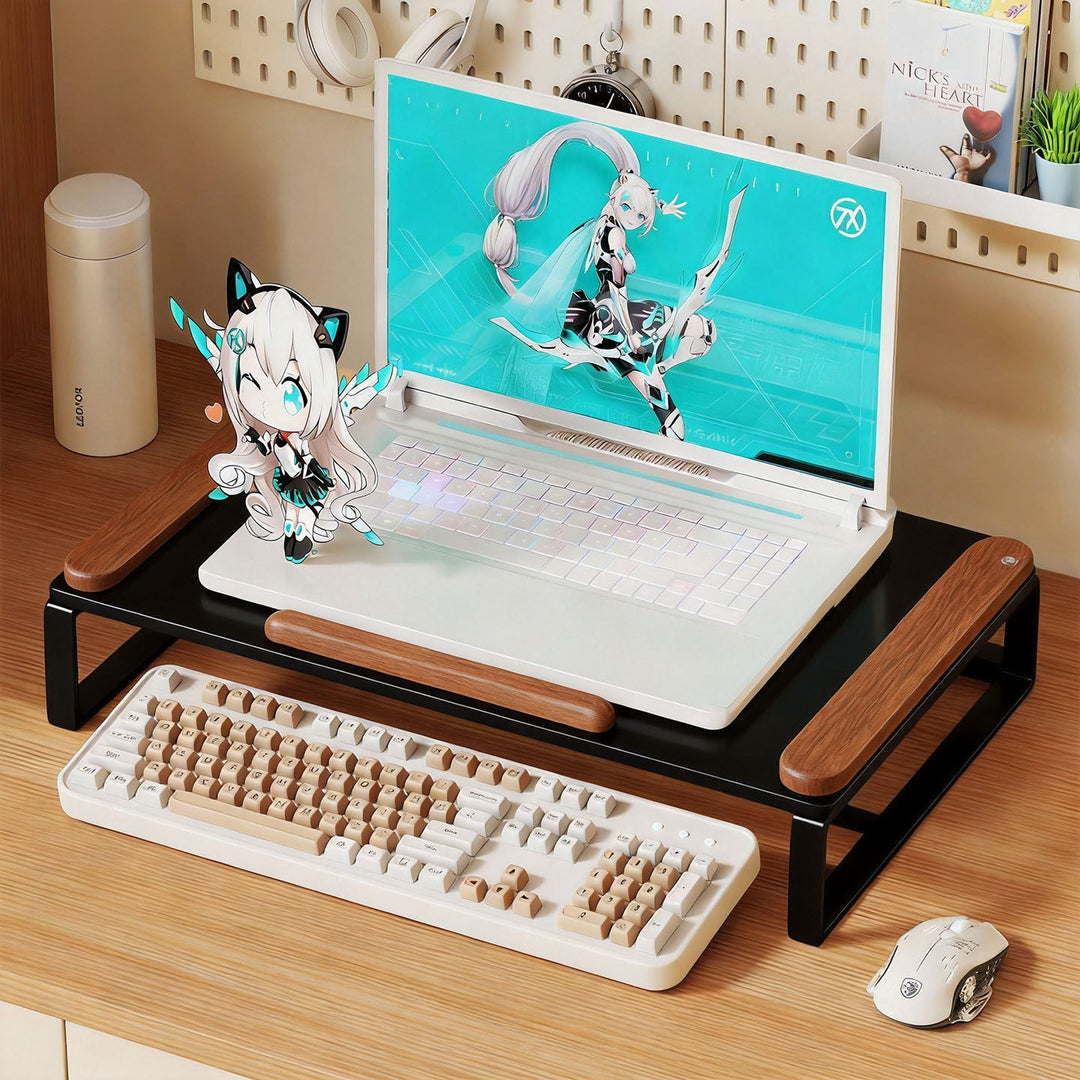 Elevated Mesh Laptop and Monitor Stand with Ventilated Metal Grid Surface and Under-Keyboard Storage