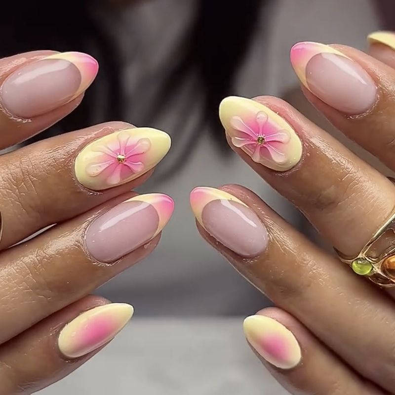 Artistic Almond-Shaped Press-On Nails with Floral Accents Stornfield