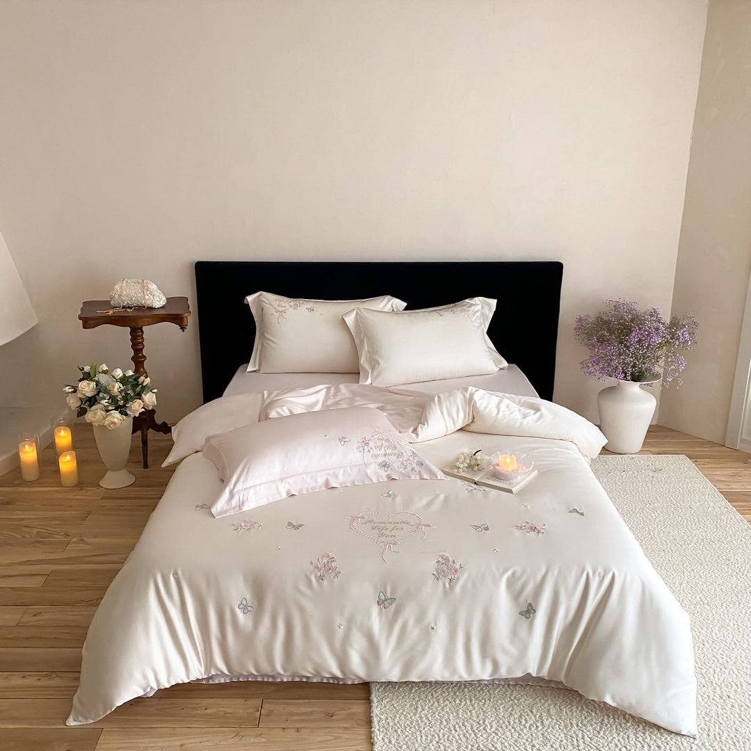 Silk-Feel Satin Embroidered Butterfly and Floral Duvet Cover Set with Pillowcases