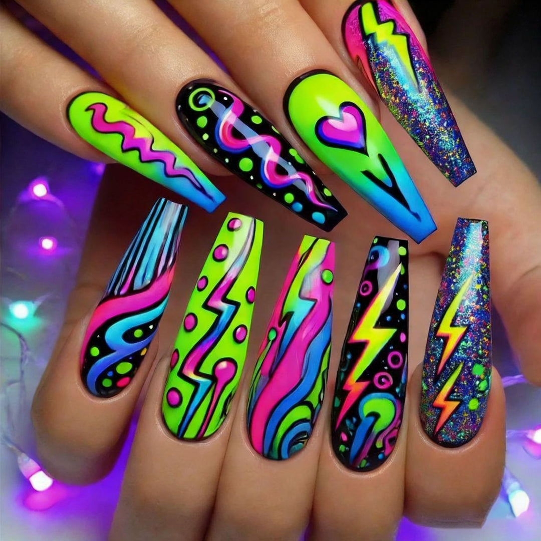 Trendy Artificial Nails In Creative Neon Design Stornfield