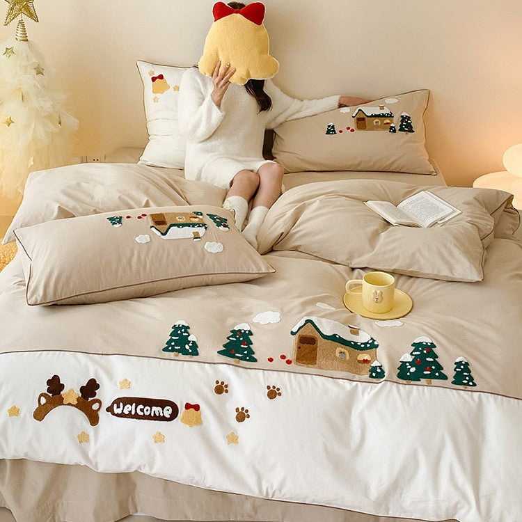 Cozy bedding set with embroidered winter house and Christmas tree motifs