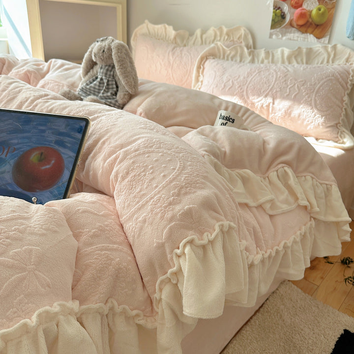 Plush Ruffled Embossed Velvet Comforter Set with Layered Frill Shams