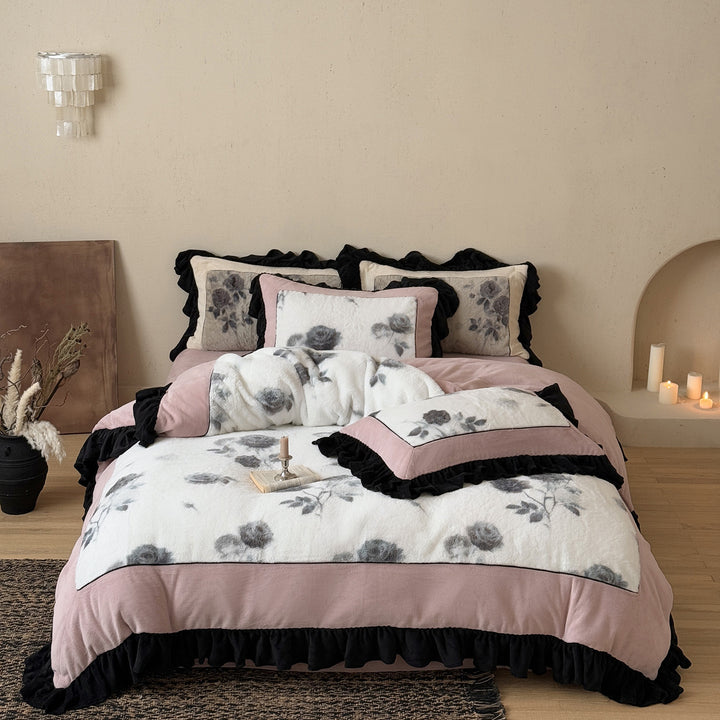 Plush Rose-Print Faux-Fur Quilted Duvet Cover & Ruffled Sham Set