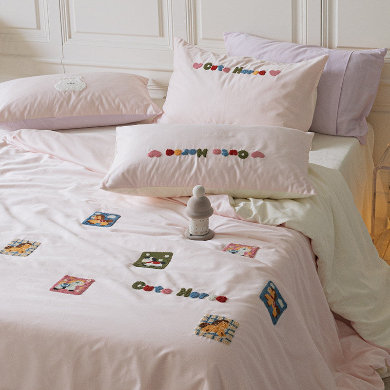 Embroidered Tufted Cotton Duvet Cover Set with Decorative Pillowcases