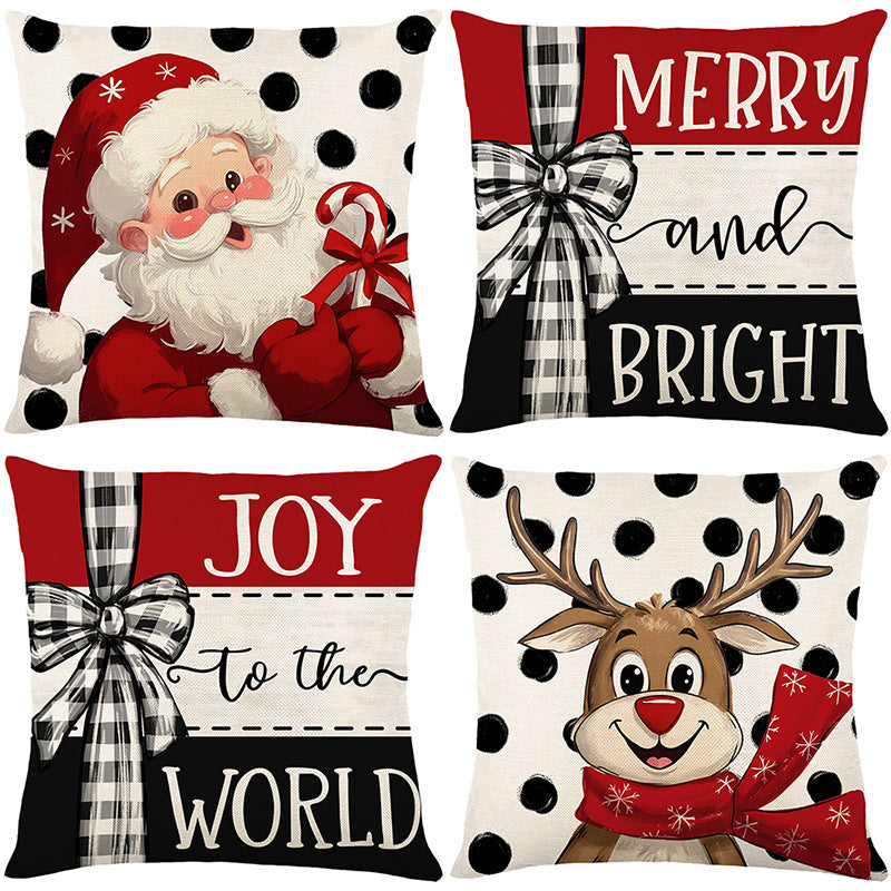 Square Cotton-Linen Decorative Throw Pillow Cover with Cartoon Reindeer and Polka Dot Print