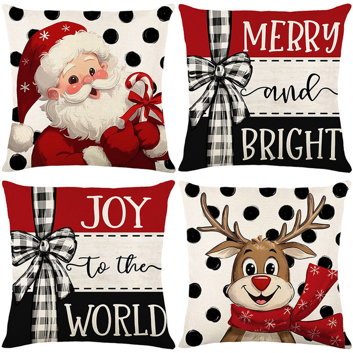 Square Cotton-Linen Decorative Throw Pillow Cover with Cartoon Reindeer and Polka Dot Print