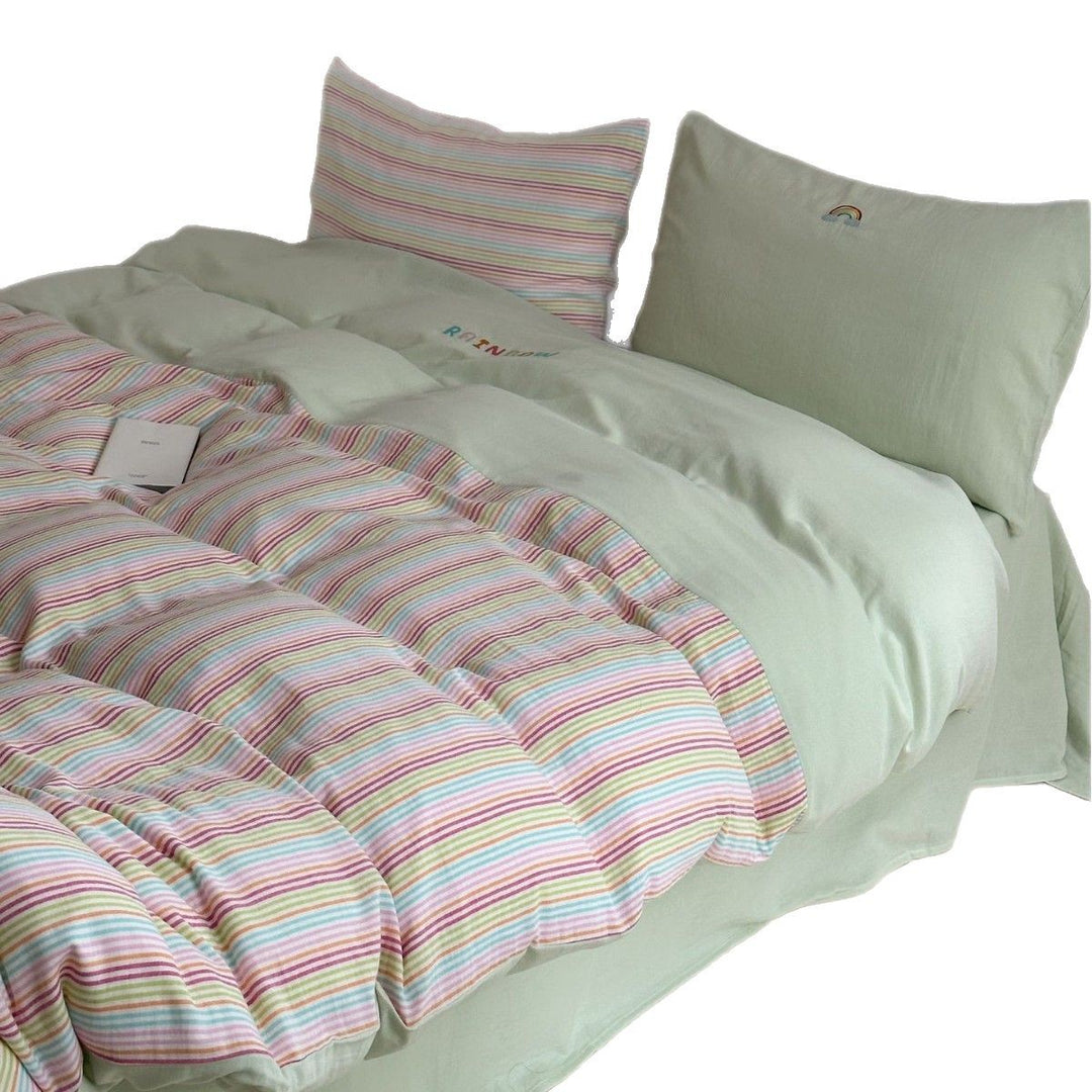 Reversible Striped Cotton Duvet Cover Set with Embroidered Rainbow Accent
