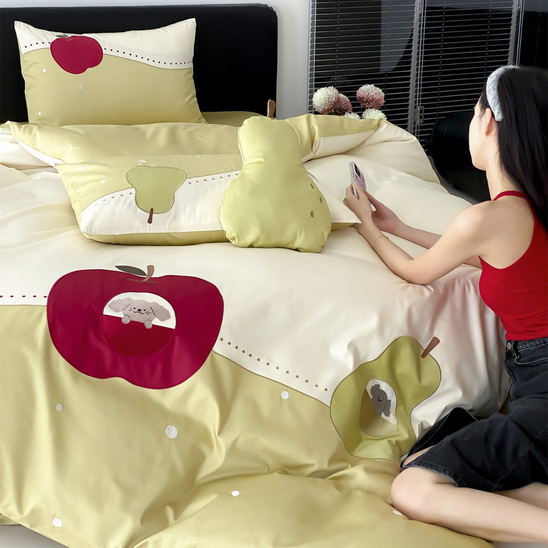 Playful Fruit Appliqué Cotton Duvet Cover Set with Hidden Closure & Oxford Shams