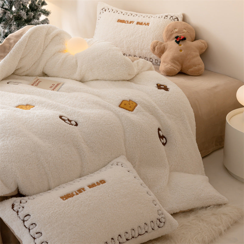 Sherpa Plush Throw Blanket and Embroidered Decorative Pillow Set