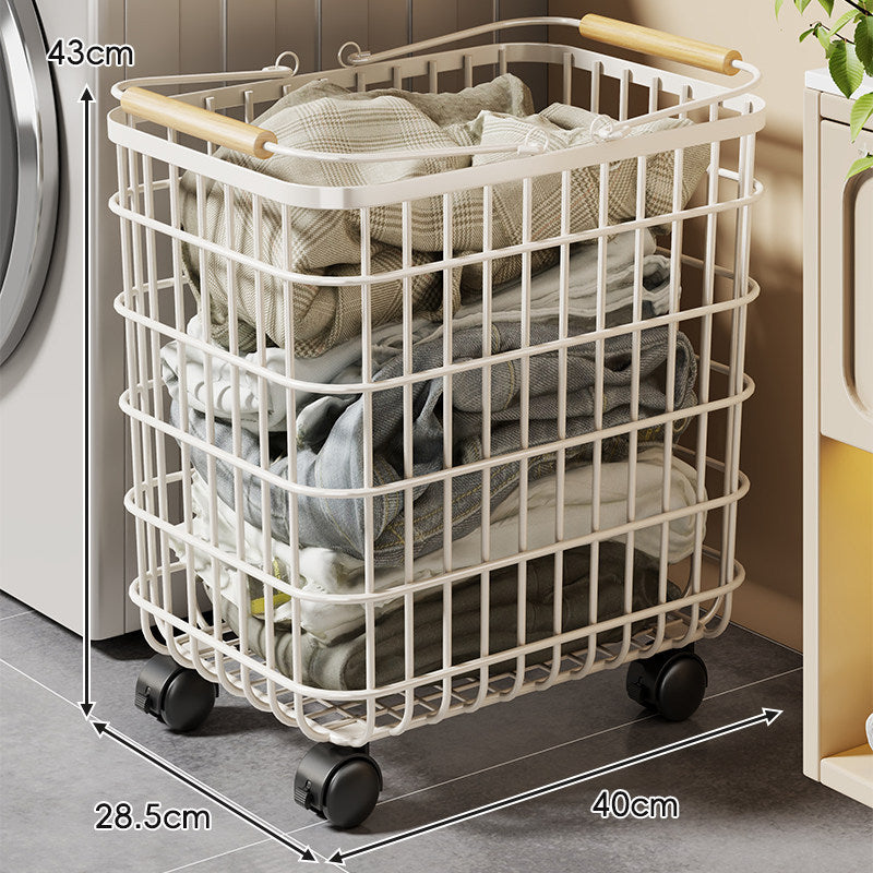 Rolling Wire Laundry Basket with Wooden Handles and Locking Casters