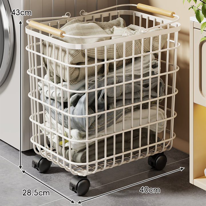 Rolling Wire Laundry Basket with Wooden Handles and Locking Casters