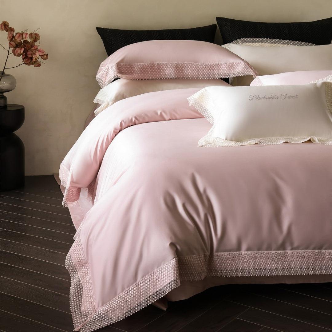 Silky Sateen Duvet Cover and Euro Sham Set with Geometric Lace Border