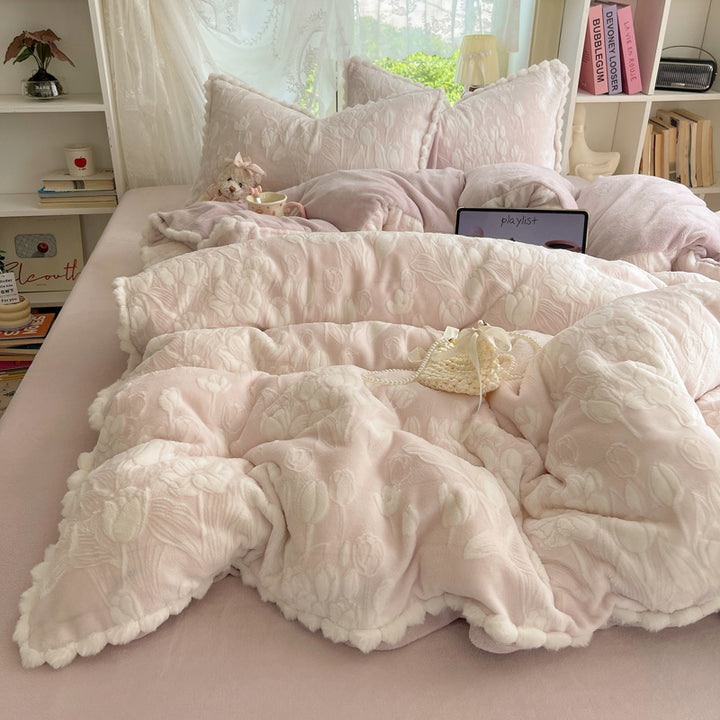 Plush Quilted Floral-Embossed Reversible Comforter Set with Sherpa Lining