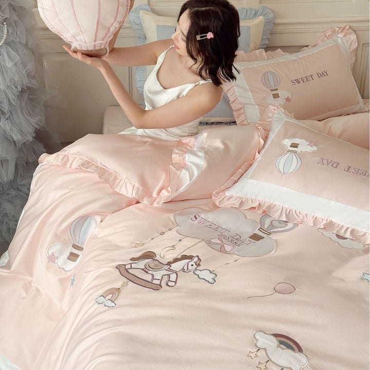 Ruffled Embroidered Hot Air Balloon Cotton Sateen Duvet Cover Set