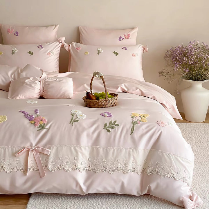 Hand-Embroidered Floral Bow-Accent Duvet Cover Set with Lace-Trim Pillow Shams