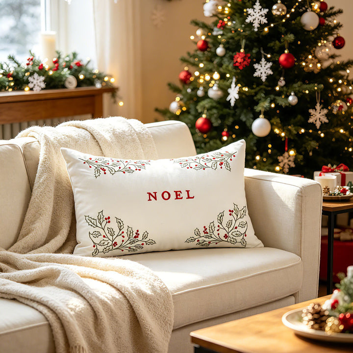 Embroidered Holiday Lumbar Throw Pillow Cover with NOEL Holly Motif