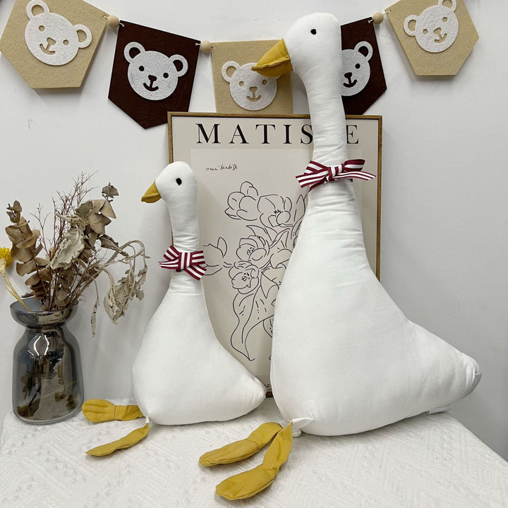 Oversized Goose-Shaped Decorative Throw Pillow Pair with Striped Ribbon