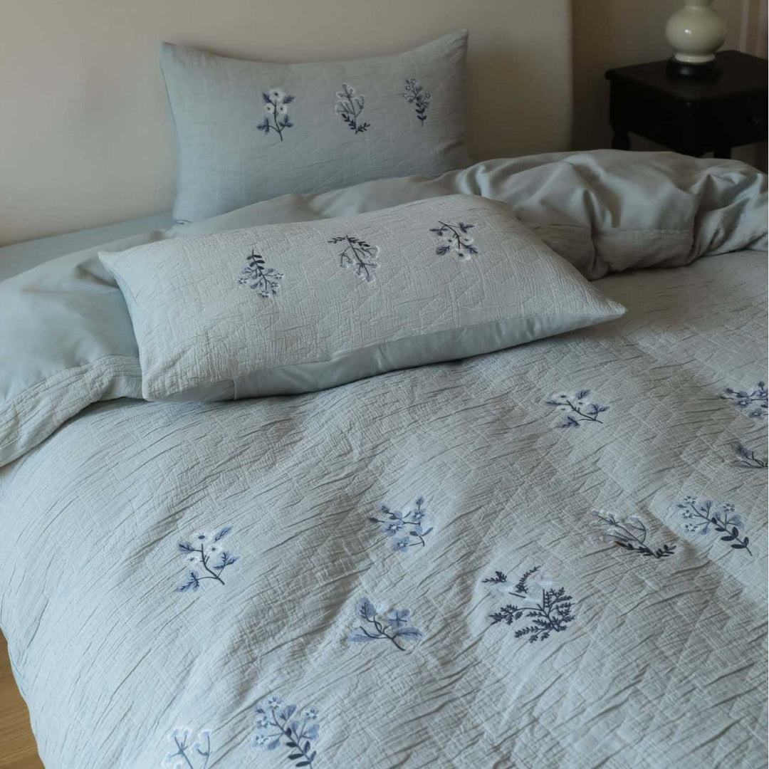 Embroidered Botanical Linen-Texture Duvet Cover Set with Quilted Stitching and Oxford Shams