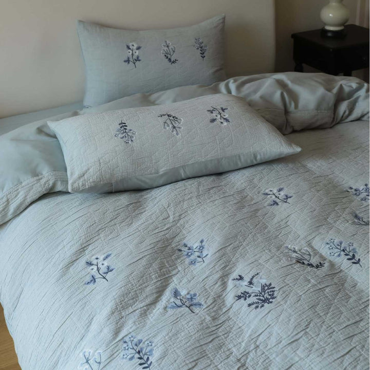 Embroidered Botanical Linen-Texture Duvet Cover Set with Quilted Stitching and Oxford Shams