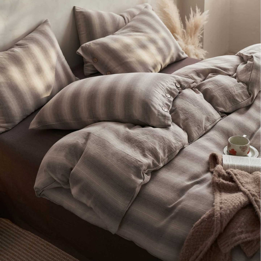 Linen-Feel Washed Cotton Stripe Duvet Cover Set with Button Closure & Pillow Shams