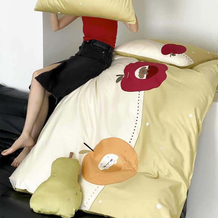 Playful Fruit Appliqué Cotton Duvet Cover Set with Hidden Closure & Oxford Shams