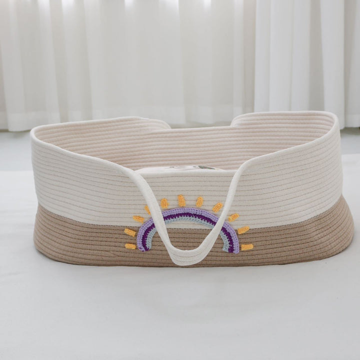 Quilted Cotton Portable Baby Bassinet Nest with Embroidered Rainbow Detail