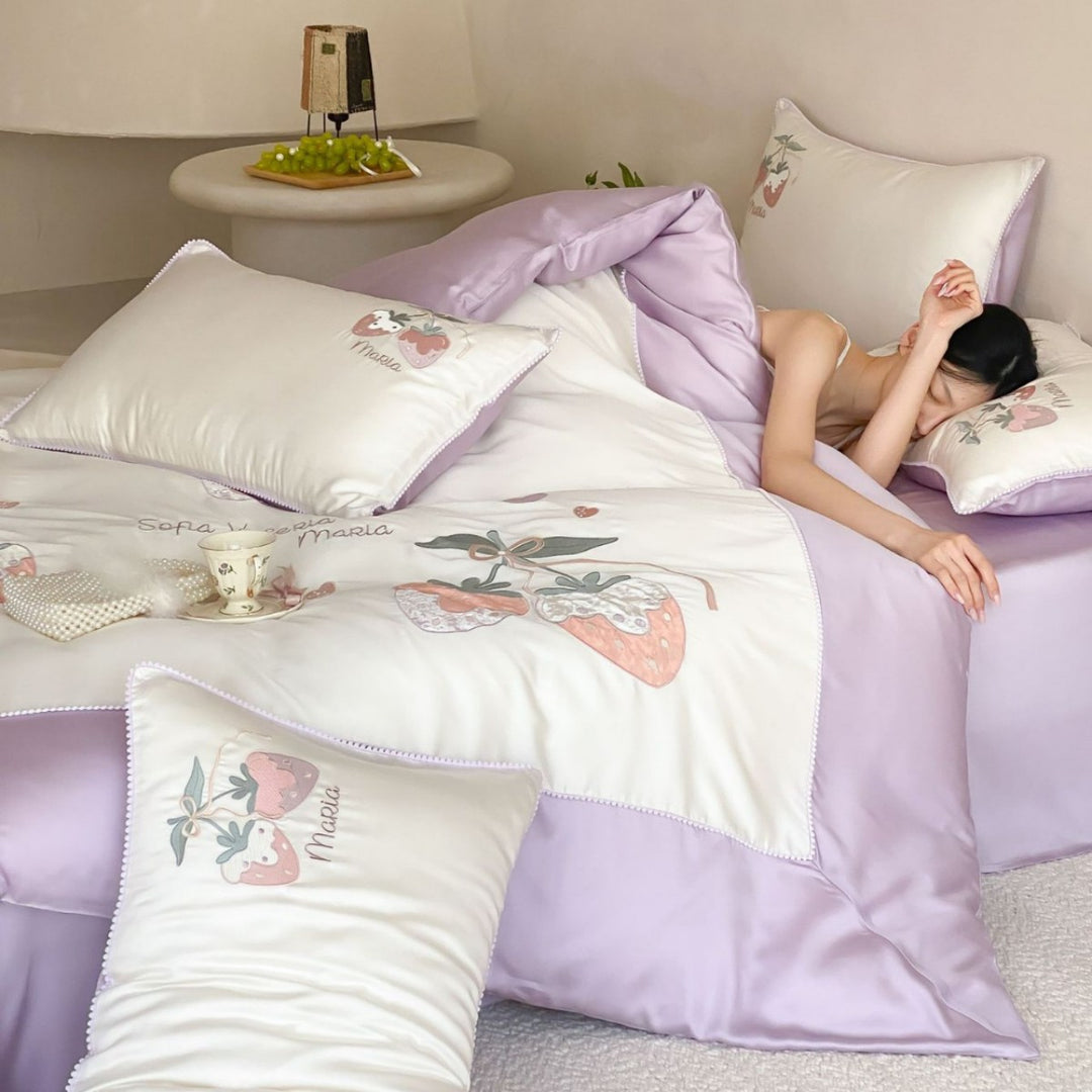 Pastel Satin bedding set with hand-drawn strawberry motif and fine piping