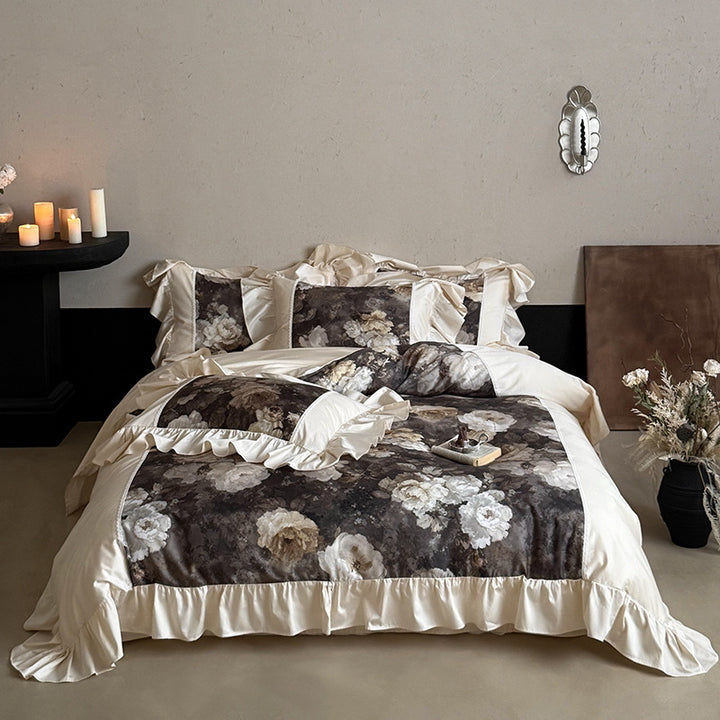 Antique Watercolor Panel Ruffled Duvet Cover Set with Frilled Pillow Shams