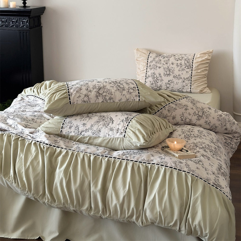 Luxury Floral Cotton Sateen Duvet Cover Set with Ruffled Pillow Shams