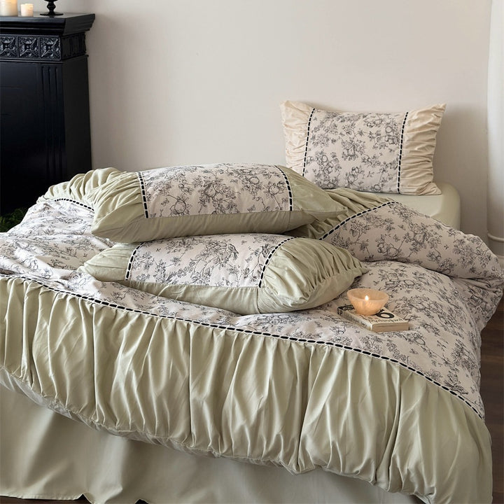 Luxury Floral Cotton Sateen Duvet Cover Set with Ruffled Pillow Shams