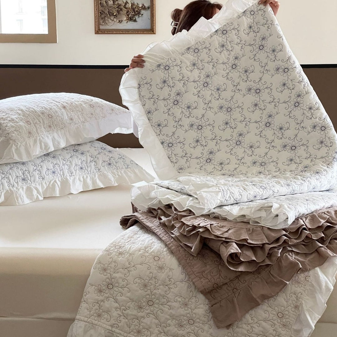 Quilted Floral Embroidered Bedspread with Ruffled Edge Pillow Sham Set