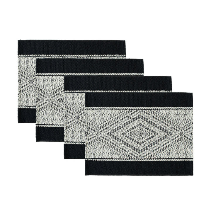 Woven rectangular table mats in a set with ethnic geometric pattern and easy-care cotton blend