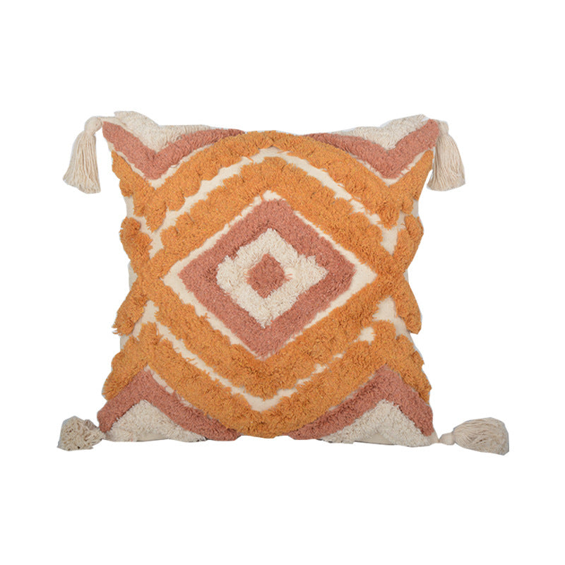 Hand-Tufted Geometric Accent Pillow Cover and Insert Set with Braided Tassel Detail