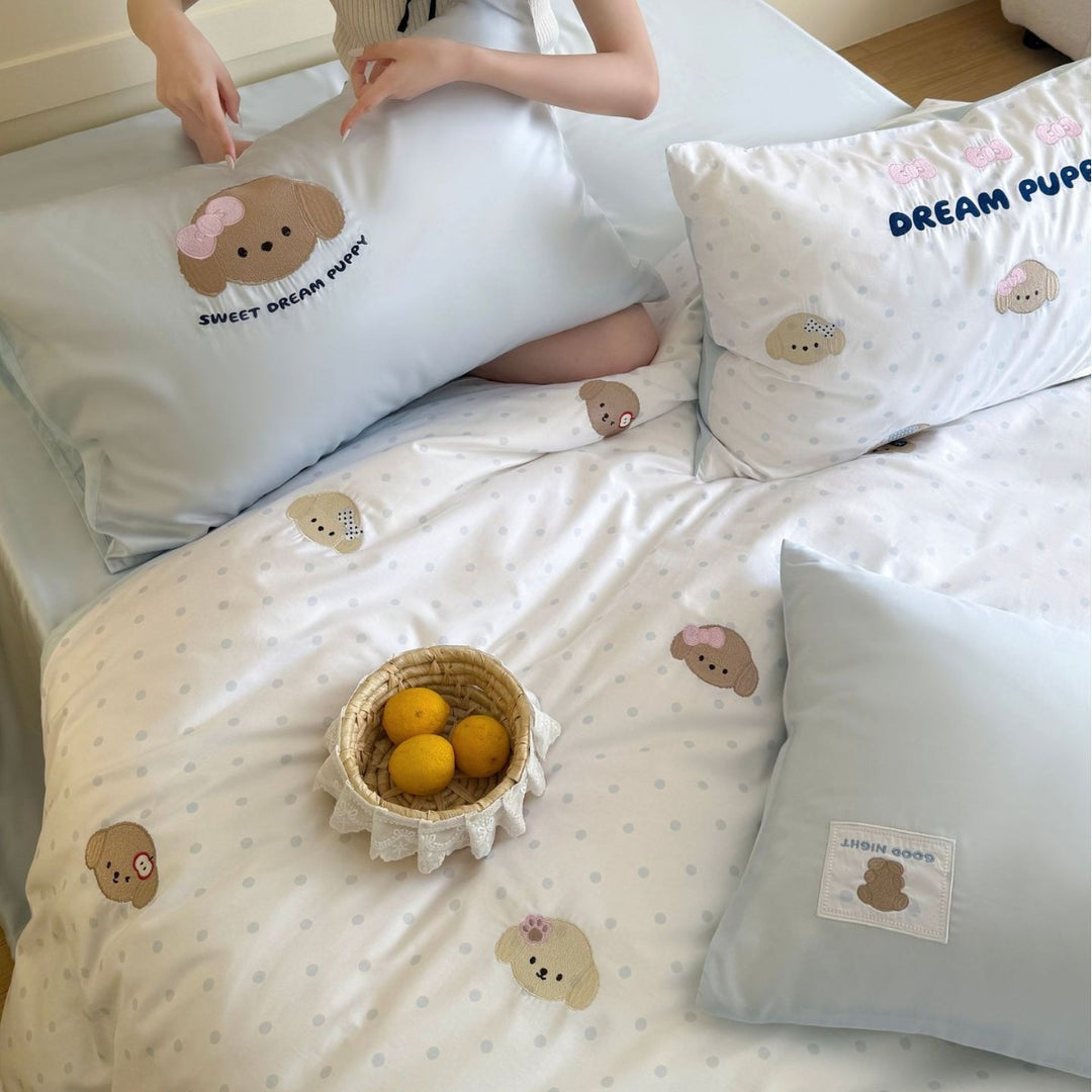 Romantic cotton satin bedding set with cute puppy embroidery and extra soft finish