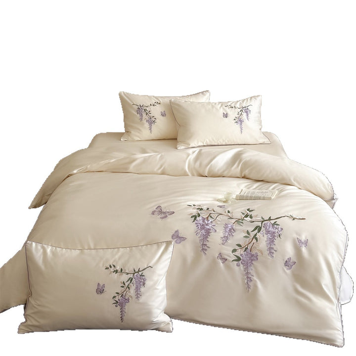 Embroidered Botanical Satin Duvet Cover Set with Delicate Wisteria Motif