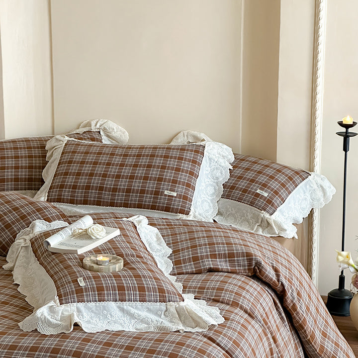 Plaid Cotton Duvet Cover Set with Lace Ruffle Trim