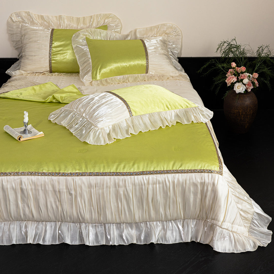 Luxurious satin bedspread set with ruffle and decorative trim